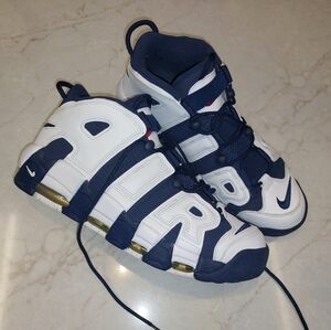 Nike Air More Uptempo 'Olympic' sneakers in white and midnight navy.